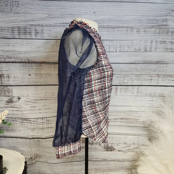 Zara Organza Puff Sleeve Tweed Plaid Blouse - Picture 4 of 6